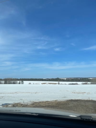 The image shows a landscape with a blue sky and snow-covered field. A line of trees separates the field from the sky. The photo was taken from inside a vehicle, as evidenced by a portion of the vehicle visible on the right. The location is potentially Kueda, Russia. The scene lacks people or visible interactions. The dominant elements are the sky, snow-covered field, and trees.