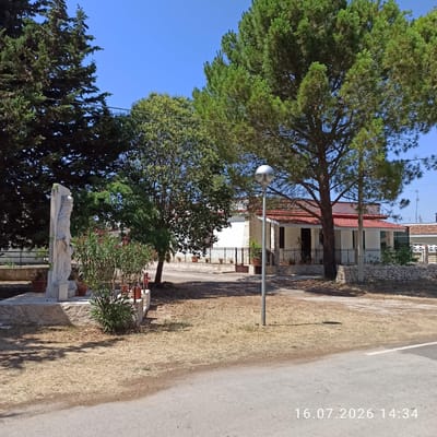 In Grumo Appula, Italy, on a clear, sunny day, a white stone monument with carved figures stands in the foreground on the left. Behind the monument, a house with a red-tiled roof and white walls is visible, surrounded by a stone wall with a decorative black metal railing. Several potted plants and trees, including tall pines, are present in the scene, with dry, light brown grass covering the ground. A modern streetlamp with a spherical head is situated to the right of the monument. The image captures an outdoor area with a mix of natural and built elements, indicating a possibly residential or public space. A timestamp in the lower right corner reads "16.07.2026 14:34".