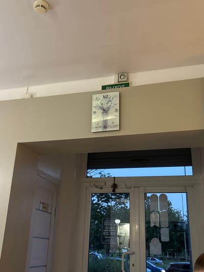 An interior view in Romanovka, Russia, displays a functional and decorative arrangement of objects above and around an exit leading outdoors. A white ceiling features a single cream-colored smoke detector in the upper left. Directly below the ceiling, a pale beige beam spans the width of the frame. Mounted on this beam is a square wall clock with a white face featuring a stylized tree or floral design in grey and white. Arabic numerals 12, 3, 6, and 9 are marked, with the hour hand pointing between 5 and 6, and the minute hand positioned just past the 12, indicating approximately 5:01 or 5:02.
Above the beam, positioned centrally, is a green sign with white Cyrillic text "ВЫХОД" (EXIT), and above it, a small, circular, grey alarm sensor or speaker is affixed to the wall. To the left of the beam, a section of white wall reveals a white-paneled interior door with a rectangular sign displaying illegible text.
The primary focus is a glass-paned exit door or large window, framed by light-colored molding. The upper section of the glass is obscured by a dark, closed roll-down shutter or blind. Below this, the clear glass reveals an exterior scene during what appears to be late afternoon or early evening. Through the glass, several green-leaved trees are visible, indicative of a park or wooded area, beneath a light blue sky. On the ground level, multiple vehicles are visible, including a light-colored sedan in the mid-ground and dark-colored vehicles partially obscured.
The glass panes themselves bear various markings. The left pane shows mirrored text, including "00:SS" and "00:SS - 00:01", likely indicating business hours. The right pane has several irregularly shaped, light-colored stickers affixed to its surface. A small decorative tassel or knot hangs from the central upper frame of the glass doors. A silver-colored door handle is visible on the right-hand glass door. In the bottom right corner of the image, a small portion of a human head, possibly with dark hair, is visible.