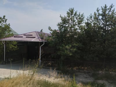 A low-angle, wide shot captures a house with a dark red, corrugated metal roof and a covered outdoor area with similar roofing. The house is nestled behind a row of mature pine trees. To the left of the main house, another building with a green, slanted roof is partially visible. A white downspout extends from the red roof down to ground level. A dark metal fence with ornamental scrollwork runs along the property line. The foreground is dominated by dry, yellowed grass and sparse green vegetation, indicating a potentially dry or late-season environment. The ground appears to be a mix of dirt and gravel. The sky is a pale blue with wispy clouds. The scene is located in the Калыс-Ордо жаңы курулушу area of Kyrgyzstan. There are no people visible in the image.