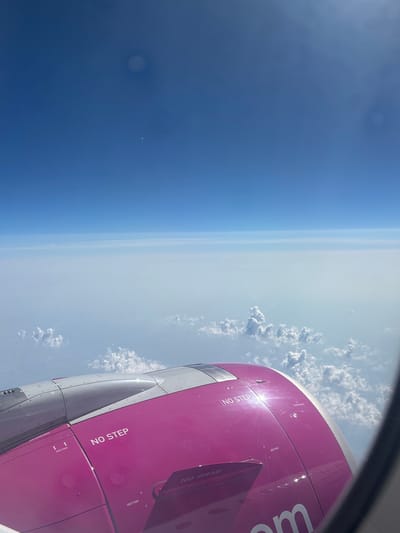 The image is taken from inside an airplane, looking out the window at the sky. The airplane's engine cowling, painted bright pink and silver, is prominently in the foreground. Warning labels such as "NO STEP" and "HOIST POINT" are visible on the cowling. Below the cowling, parts of the airplane wing are also visible.
The sky is a deep blue, with layers of clouds and haze visible at various altitudes. In the distance, a faint speck that might be another aircraft or a distant object is visible against the blue sky. The sun is shining brightly, creating lens flare and reflections on the airplane's engine.
The image does not provide any specific clues or context to indicate that it was taken in the city of Ub Municipality, Serbia. The view is a generic aerial perspective.