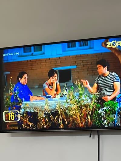 The image shows a television screen displaying a scene from a broadcast. In the foreground, a man in a striped shirt gestures with his right hand, holding a remote control. To his left, a woman with dark hair in a colorful patterned dress rests her chin on her hand. Further to the left, a woman in a blue top is seated. They appear to be at a table covered with a light-colored cloth, surrounded by foliage. A graphic overlay in the bottom left corner displays the number "16" in a yellow rectangular box with a metallic border. In the top left of the screen, text in an unfamiliar script and "(16+)" is visible. The top right of the screen shows a yellow logo with "ZOR TV" in stylized letters. The background features a brick wall and a window. The scene is indicative of a television program being aired, likely a drama or documentary given the age rating.