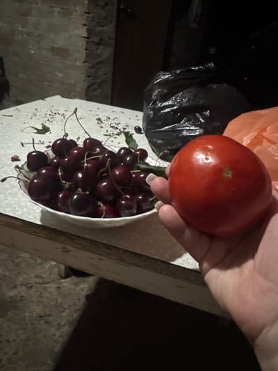A person's hand with manicured nails holds a bright red tomato in the foreground. Behind the hand, a white bowl is filled with dark red cherries. The bowl sits on a textured white surface next to some scattered cherry stems and leaves. In the background, a dark plastic bag and a crumpled orange plastic bag are visible. The scene appears to be indoors, with a brick wall and a dark doorway in the background. The overall lighting is dim.