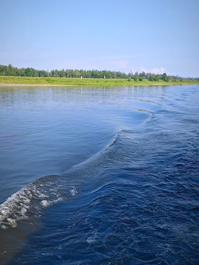 The image shows a wide, calm river under a clear blue sky. The foreground is dominated by the dark blue, rippling water, with white foam visible on the left where a wake is forming. In the mid-ground, the water becomes a lighter blue, with gentle waves. The riverbanks are lined with a strip of green grass and then a dense line of trees. The overall impression is one of a peaceful, natural landscape, likely taken from a boat moving through the water. The location is not identifiable within the city of Novonazimovo, Russia, based solely on the visual information provided.