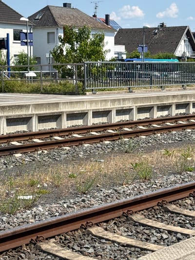 The image captures a detail of train tracks in Hainstadt, Germany, under a bright blue sky with scattered white clouds. In the foreground, rusty train tracks are laid on a bed of dark grey gravel, with concrete sleepers visible beneath the rails. Weeds and dry grass grow between the gravel and along the sides of the tracks.

Behind the tracks, a concrete platform edge is visible, with a metal railing running along its top. The platform itself has a textured, light grey surface with a white line marking its edge. Beneath the platform, a series of recessed rectangular openings are present in the concrete support structure.

Beyond the railing, several residential buildings with tiled roofs can be seen. One building is white with dark grey roof tiles and a prominent dormer window. Another building features dark brown roof tiles and solar panels. A portion of a blue and green colored bus is visible behind the railing, suggesting the presence of a bus stop or station in proximity. The overall scene depicts a typical infrastructure setting in a German town.