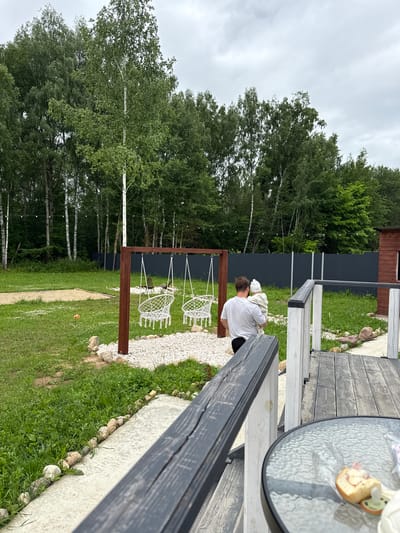 In Ryzhkovo, Russia, a father carries a baby on a wooden porch. The porch overlooks a yard with a swingset, sandbox, and a dense line of trees. The sky is overcast.