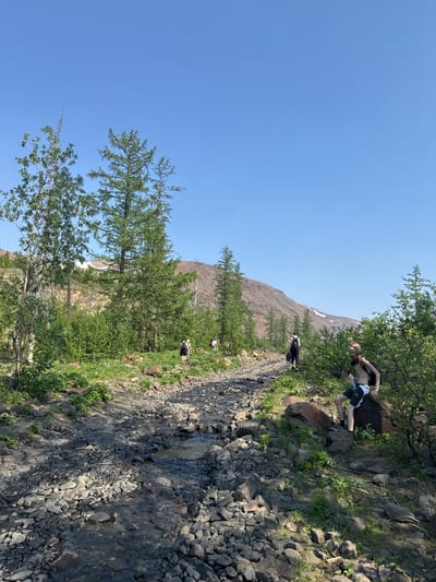 The image depicts a rocky, unpaved path with a small stream flowing through it. The path is bordered by lush green vegetation and sparse, tall coniferous trees. In the background, a barren, reddish-brown mountain range with patches of snow can be seen under a clear blue sky.

There are at least four people visible in the scene. In the foreground, a shirtless individual with blond hair is sitting on a large rock, holding a water bottle and wearing black shorts and socks. They are wearing a backpack. Further down the path, another person with dark hair and a backpack is walking away from the camera, wearing dark pants and a white top. Two other figures, less clearly visible, are further up the path in the midground, also appearing to be walking.

The environment suggests a natural, possibly remote, outdoor location. Given the context of Talnakh, Russia, known for its subarctic climate and mountainous terrain, this scene likely represents a hiking or exploration area outside the immediate urban environment. The vegetation and the presence of snow on the mountains indicate a northern latitude and potentially a mountainous or high-altitude region.