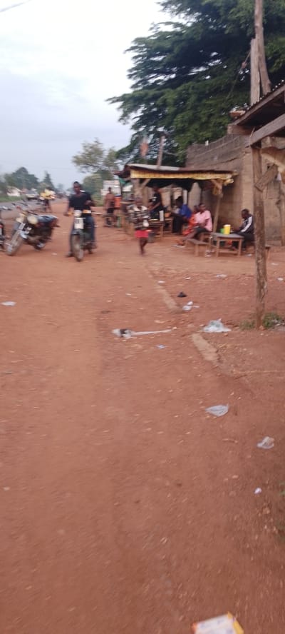 In Ichol, Nigeria, this image depicts an outdoor scene in a rural or semi-urban setting with a reddish-brown dirt road. On the left, two motorcycles are parked. A man on a green motorcycle is riding towards the left of the frame, while another motorcycle is stationary behind him. In the background, several people are gathered around a makeshift stall with a corrugated metal roof, suggesting a small marketplace or roadside eatery. Some individuals are seated at wooden tables. A young person in a plaid shirt and red shorts is running or walking across the road from right to left. The environment is somewhat unkempt, with scattered debris, including plastic bags and wrappers, on the ground. Lush green trees are visible in the background. The sky is overcast, and the overall lighting suggests it is either early morning or late afternoon.