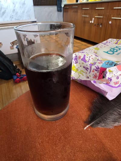 This image captures an indoor scene in a residential setting, located in the city of Hadzhidimitrovo, Bulgaria. The primary subject is a clear glass containing a dark, cold beverage, approximately three-quarters full, with condensation visible on its exterior. The glass rests on a textured, mottled orange-brown surface. To the right of the glass, a package of "bebon" brand baby wipes is positioned, displaying a purple and white design featuring cartoon animals, butterflies, and musical notes. Below the baby wipes and to the right of the glass, a dark grey feather with a white tip is present on the orange-brown surface, alongside several small white specks.
In the background to the left, a white radiator is visible against a wall with a light, textured finish. Reflections on the glass suggest additional details, possibly small images or magnets on a surface behind the radiator. A black bag is partially visible further left, and on the wooden or laminate floor, a red and blue toy car, possibly a Spiderman vehicle, is present. The background to the right features kitchen cabinetry made of light brown wood, equipped with horizontal silver handles. Several small decorative items or magnets, including white and red elements, are affixed to the cabinet doors. The floor in this section consists of light brown square tiles. No individuals are present in the scene, and no specific actions or interactions are depicted beyond the static arrangement of objects.