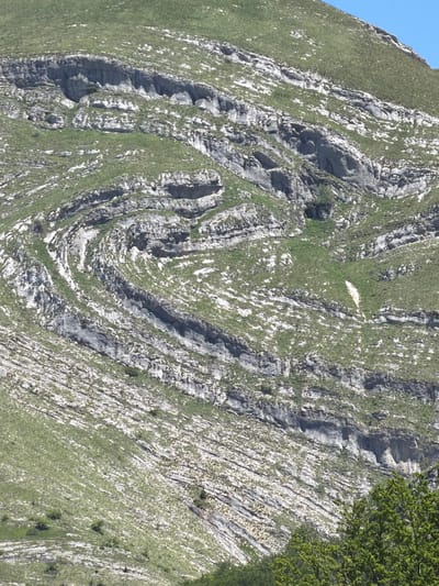 The media file captures a detailed view of a steep, rugged mountain slope in Šavnik, Montenegro. The landscape is characterized by prominent, light-colored rock formations interspersed with vibrant green grass and sparse vegetation.
The most striking feature of the scene is the complex geological folding of the bedrock. Numerous thin, layered rock strata are visible, contorted into intricate wavy patterns, including distinct anticlines and synclines, particularly in the central and left-central parts of the image. These folds suggest immense pressure and tectonic activity over geological timescales. The exposed rock ranges from grey to off-white, showing signs of weathering and erosion, forming textured ridges and depressions.
Green grass covers the less steep sections and fills the crevices and ledges between the rock layers, tracing the contours of the folds. A significant patch of dense, bright green foliage, likely a tree or large shrub, occupies the far right side of the frame, partially obscuring the rocky incline.
In the upper-middle portion of the image, a small, solitary white animal, possibly a sheep or a mountain goat, can be seen standing or resting on a grassy patch, blending somewhat with the light-colored rock. The sky, a clear and bright blue, is visible at the upper left edge, indicating a sunny day. The natural lighting highlights the three-dimensional quality of the terrain and the intricate details of the rock formations. There is no visible human activity or text within the image. The scene presents a powerful testament to natural geological processes and the resilience of life in harsh mountainous environments.
