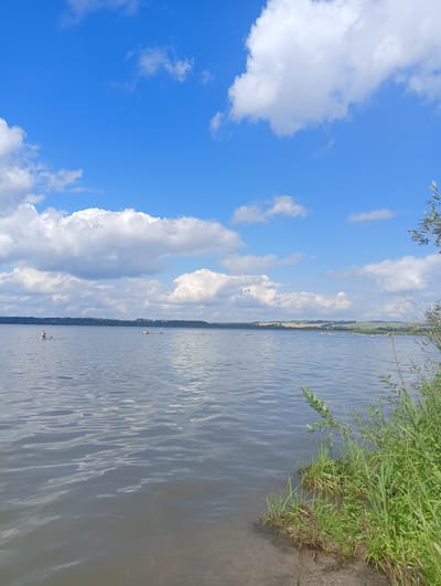 A scenic, wide shot captures a calm, large body of water under a bright blue sky dotted with fluffy white clouds. The water's surface reflects the sky with subtle ripples. On the far horizon, a line of green hills and trees marks the distant shore.
In the foreground, the right side of the image features lush green grass and some leafy branches growing along the water's edge. The ground slopes down to the water, with a sandy or muddy bank visible where it meets the water.
Several people are scattered across the water, some appearing to be on paddleboards or small inflatable rafts. One person is clearly visible on a paddleboard in the left-middle of the frame, facing left and appearing to paddle. Further out, there are groups of people, with some appearing to be swimming or relaxing on floats. The activity suggests a recreational day at the lake.
The overall atmosphere is peaceful and serene, indicating a pleasant summer day. The location is identified as Nizhnetroitsky, Russia.