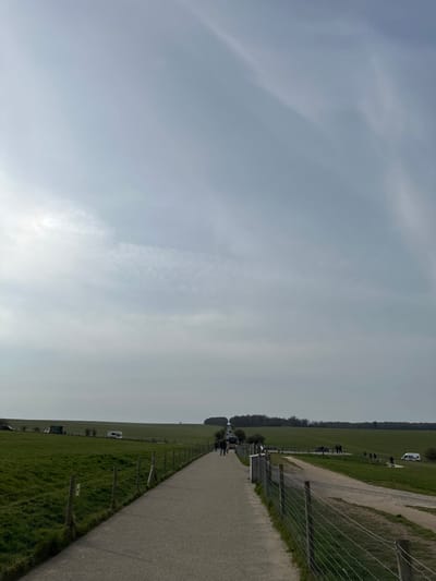 The image displays an outdoor scene near Amesbury, Wiltshire, United Kingdom, specifically depicting the pedestrian pathway leading towards Stonehenge. The sky is largely overcast with a diffused bright grey, indicative of a cloudy day. A paved, dark grey pathway extends from the foreground into the distance, centrally located within the frame. This path is bordered on both sides by wire fences attached to wooden posts, separating it from expansive green grassy fields.
In the mid-ground, approximately 10-15 individuals are visible, walking along the path or standing in small groups, primarily towards the path's distant end. Several vehicles, including at least two white camper vans and other dark-colored cars, are parked on the grassy verges to the left and right of the pathway. A distinct line of dense green trees forms a distant treeline across the horizon, beyond which the land appears to be rolling green hills. At the furthest visible point along the pathway, partially obscured by distance and atmospheric conditions, are the characteristic upright stone structures of Stonehenge.