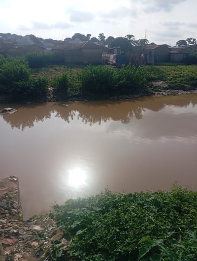 The image shows a wide, murky brown body of water, likely a river or stream, reflecting the overcast sky and surrounding vegetation. On the far bank, a cluster of low-rise buildings with corrugated metal roofs are visible, typical of a residential area in Gwagwa, Nigeria. The buildings appear to be constructed from brick and mud, with some showing signs of disrepair. Dense green foliage grows along the banks of the water, with some areas appearing cultivated, possibly with small crops. On the near bank, there is a significant amount of debris and garbage piled up, indicating poor waste management. The sun is visible as a bright, diffused light source reflecting off the water's surface, creating a hazy glare. No people or animals are clearly discernible in the scene. The overall impression is one of a community situated alongside a natural waterway, with visible signs of both greenery and human habitation, as well as environmental challenges related to waste.