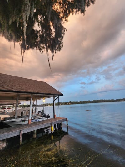 This image captures a serene sunset scene at a boat dock on a lake in Winter Park, Florida. In the foreground, a wooden dock extends into the calm water, where aquatic plants are visible beneath the surface. Two boats are moored under a covered dock. Spanish moss hangs from a tree branch in the upper left corner, silhouetted against a sky painted with hues of pink, orange, and blue. The water reflects the colorful sky, creating a peaceful and tranquil atmosphere. The background features a distant treeline and houses, suggesting a residential area along the lake.