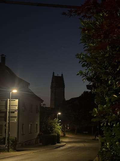 A street scene at dusk in Bad Waldsee, Germany. The foreground is dominated by a residential building on the left and lush green foliage on the right. A street lamp illuminates the sidewalk and the side of the house. A road curves through the scene, with more street lamps visible in the distance. In the background, a tall, dark tower structure with a crenellated top rises against the twilight sky. The overall atmosphere is tranquil and quiet.