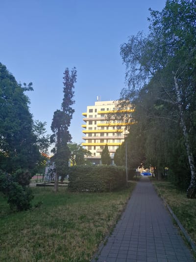 This is a vertical, wide-angle photograph captured from a low vantage point, looking upwards and slightly away from a paved walkway. The scene depicts an outdoor setting with elements of both nature and urban infrastructure.

The main subjects include a tall, modern apartment building with a distinctive yellow and white facade, featuring repeating balconies with yellow railings. In the foreground and framing the shot are lush green trees and grass, suggesting a park or residential area. A paved walkway, made of dark rectangular stones, runs along the right side of the frame, bordered by grass. In the distance, a blue car is visible on a road, partially obscured by trees.

The time of day appears to be late afternoon or early evening, indicated by the warm lighting filtering through the trees and the clear blue sky. The weather seems pleasant and calm. The presence of the apartment building and the walkway suggests a suburban or urban residential environment. There is no visible text in the image. The overall impression is one of a peaceful, everyday scene.