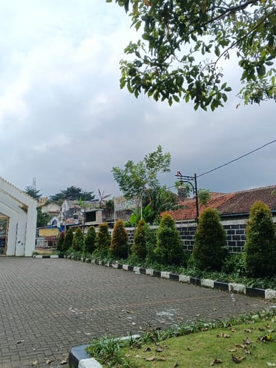 This image depicts an outdoor urban environment within Bien Hoa, Vietnam, under an overcast sky. The foreground features a dark grey interlocking paver surface, indicative of a pathway or parking area, bordered on the right by a black and white painted curb. Adjacent to the curb is a narrow strip of grass scattered with dry leaves.
In the midground, a meticulously maintained row of seven conical evergreen trees stands uniformly, separated from the paved area by a smaller black and white curb. Behind these trees, a dark, stacked brick or block wall runs horizontally. Further back, a solitary slender tree with sparse green leaves is visible, and to its right, a dark pole equipped with an ornate, curved bracket and a small red element at its apex supports an overhead wire.
The background reveals a densely packed area of buildings with varying architectural styles, some featuring terracotta tiled roofs. To the far left, a distinct white structure with an arched opening or gateway is present. Other trees and foliage are interspersed among the structures. No individuals are visible, and no active interactions or actions are depicted within the scene.