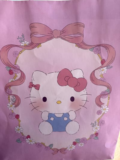 This media file is a close-up, overhead shot of a pink patterned paper, likely wrapping paper or a similar decorative material. The main subject is a stylized illustration of Hello Kitty, centered within an oval frame. Hello Kitty is depicted in her typical cartoon style, with a white face, black eyes, a yellow nose, and a pink bow on her head. She is wearing a blue polka-dot dress.
The oval frame surrounding Hello Kitty is adorned with a decorative ribbon in a similar shade of pink to the background paper. This ribbon weaves around the frame, and interspersed with the ribbon are illustrations of small white daisies, purple roses, and red berries with green leaves. The overall aesthetic is whimsical and cute, with a focus on pastel colors and floral motifs.
There is no discernible activity or event taking place, as the image is a static depiction on paper. The lighting suggests it is daytime, with no specific weather or location cues other than the provided context of Getafe, Spain. No text is visible in the image. The overall emotion conveyed is one of cheerful innocence and sweetness, characteristic of the Hello Kitty brand. The paper itself has a slightly textured, matte finish.