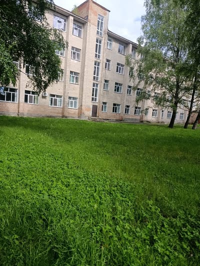The image shows a multi-story building with a light-colored brick facade, likely located in the city of Khorol, Ukraine. The building has numerous windows with white frames. Green trees partially obscure the building on the left and right sides of the frame. A large area of green grass occupies the foreground, suggesting an outdoor space adjacent to the building. The sky is visible in the upper portion of the image, with some clouds. The scene appears to be a typical urban or suburban environment.