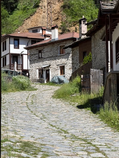 The image captures a cobblestone street winding uphill through a village. On the right, a stone and wooden house with a dark wooden door and a pitched roof is visible, with tall grass growing around its base. To the left of the street, a two-story white house with dark trim and a red tiled roof stands, with a white balcony on its upper floor and a car parked in front. Further up the street, another stone house with a red tiled roof and a prominent brick chimney is seen. The background consists of a steep, rocky hillside covered in green trees and vegetation, with a metal pylon visible on the slope. The scene appears to be in Shiroka Laka, Bulgaria, known for its traditional Rhodope architecture.