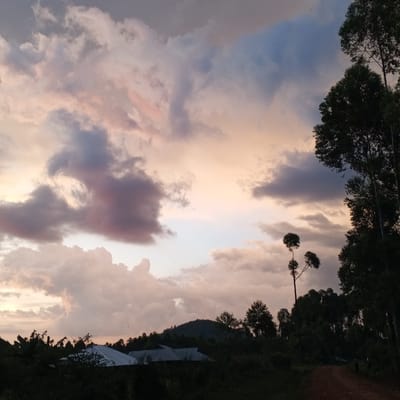The image shows a rural landscape in Getenga ward, Kenya, at dusk. The sky is filled with clouds tinted with orange, purple, and gray hues from the setting sun. In the foreground, trees and vegetation are silhouetted against the sky, with a few buildings with corrugated iron roofs partially visible among the greenery. A dirt path is present on the right side of the image. A small hill is visible in the middle distance.