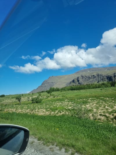 This image captures a scenic view from a car window, likely taken while driving along a rural road in Iceland, given the landscape. The foreground shows a portion of a side mirror of a car, reflecting the bright blue sky and a hint of the road ahead. The landscape features rolling green hills covered in lush grass and scattered patches of drier, lighter-colored vegetation. In the mid-ground, a line of dense green trees forms a distinct boundary. Behind the trees, a massive, layered mountain rises majestically, its slopes displaying intricate geological formations and rocky outcrops. The sky above is a vibrant blue, adorned with scattered white cumulus clouds, some of which cast soft shadows on the landscape below. There are no people or identifiable structures visible in the scene, emphasizing the natural and undeveloped beauty of the environment. The lighting suggests it is daytime, possibly late morning or early afternoon, with the sun casting clear light on the scene. The overall impression is one of vast open space and the raw, natural beauty of the Icelandic countryside. The location is unlikely to be within the city of Reykjavik itself, but rather in its surrounding natural areas, possibly on a route leading out of the capital.