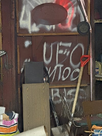 The image shows a cluttered storage space, likely a shed or garage, in Naro-Fominsk, Russia. Various tools and objects are piled up, including a shovel with a red handle, a garden fork, a rectangular dark gray box, and a piece of wood with a prominent grain pattern. The background is a dark brown wooden wall covered in white spray paint graffiti, some of which appears to be lettering. A large oval shape, possibly a painted representation of an egg, is also visible on the left side of the wall, along with red spray paint strokes. A small wheel with a strap is mounted above the oval. The overall impression is one of disorganization and disuse. There is no indication of a specific time of day or weather conditions. The focus is on the accumulated items and the graffiti on the wall.