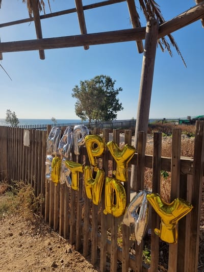 In the city of Palmachim, Israel, a wooden fence stands before a body of water, likely the Mediterranean Sea, under a clear blue sky. The fence is adorned with foil balloons spelling out "HAPPY BIRTHDAY." The balloons are in two colors: silver and gold. The scene is illuminated by bright sunlight, casting shadows on the sandy ground in front of the fence. A wooden pergola with dried palm fronds is visible in the upper portion of the image. In the background, there are sparse trees and vegetation. The overall setting appears to be a casual outdoor celebration.