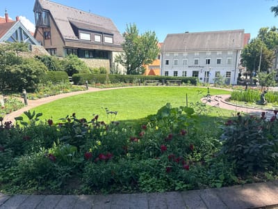 The image depicts a public garden area in Biberach an der Riß, Germany. In the foreground, a lush green lawn is bordered by a brick pathway and a colorful flower bed containing red, yellow, and purple blossoms. Several trees and bushes are visible around the lawn, with buildings in the background. One building, labeled "MOCCA Lounge," is a light gray structure with multiple windows. Another building to its left is taller with a grey roof and windows. The sky is clear and blue.