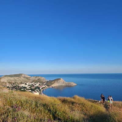 The image depicts a scenic coastal landscape under a clear blue sky. In the foreground, a grassy hillside is covered with dry grasses and scattered wildflowers. The middle ground reveals a picturesque coastal town nestled along a bay, with buildings of various sizes and colors. The bay itself is a calm expanse of deep blue water, dotted with a few small boats. In the background, rolling hills dominate the horizon, with the sea stretching out beyond.

On the grassy slope in the foreground, there are three young men walking along a dirt path, accompanied by a small dog. One of the men is wearing a black t-shirt and shorts, another a grey t-shirt and shorts, and the third a black t-shirt and light green shorts. The dog is black and white and appears to be walking alongside them. The individuals are positioned on the right side of the frame, moving away from the viewer. The overall impression is one of a peaceful, natural setting with human activity integrated into the landscape.
