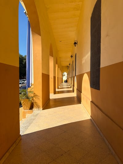 The image shows a sun-drenched, yellow-toned arched colonnade or hallway, likely part of a historic building in Asunción, Paraguay. The perspective draws the viewer down the long corridor, with strong shadows cast by the arches and the bright sunlight illuminating the tiled floor. On the left, glimpses of the outside show a bright blue sky, some trees, and parked cars, suggesting an urban environment. The walls of the colonnade are painted in two tones of yellow and ochre, with decorative sconce-style lighting fixtures attached to the upper parts of the walls. A large plant in a pot is visible on the left side, casting a detailed shadow. The architecture features a series of repeating arches that recede into the distance. The overall impression is one of warmth, light, and architectural perspective.