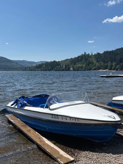 The image depicts a bright, sunny day at Titisee Lake in Titisee-Neustadt, Germany. In the foreground, a blue and white motorboat is docked at the shore, resting on wooden planks. The boat is partially covered with a blue tarp. The number "298" and the text "1-4 Pers." are visible on the side of the boat.
The lake's surface is rippled by a moderate breeze, reflecting the clear blue sky with a few wispy clouds. In the background, a lush green, tree-covered hillside rises, with a few buildings visible amidst the foliage. Further in the distance, more rolling hills form the horizon. A wooden pier extends into the water on the right side of the frame. A second boat, similar in design to the one in the foreground, is partially visible docked next to it. A small beach area with several people can be observed on the opposite shore, and another small boat is on the water in the distance. The overall scene is serene and suggests a recreational setting on a warm day.