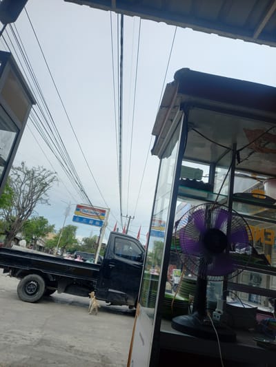 The image shows a street scene in Meunasahmanyet, Indonesia, under an overcast sky. In the foreground, to the right, is a glass-fronted display case containing a purple fan and stacked plates. To the left of the display case, a black pickup truck is parked on a concrete surface. A small, light-colored dog stands near the rear of the truck, facing away from the camera and looking towards the street. Beyond the truck, a sign for "Indomaret," a convenience store chain, is visible. Trees line the street, and other vehicles and buildings are present in the background, suggesting a commercial or residential area. Numerous overhead electrical wires crisscross the sky.