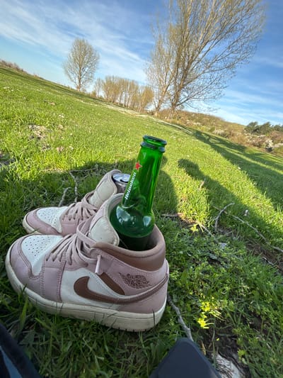 The image depicts a grassy field, likely in a rural area, under a bright, partly cloudy sky. In the foreground are a pair of pink and white sneakers lying on the grass. A green Heineken beer bottle is placed inside one of the shoes. The landscape in the background shows trees and a hillside. Based on the prompt instructions, this scene is located in Beli Brod, Bulgaria. There are no people visible. The central interaction is the positioning of the beer bottle inside the shoe.