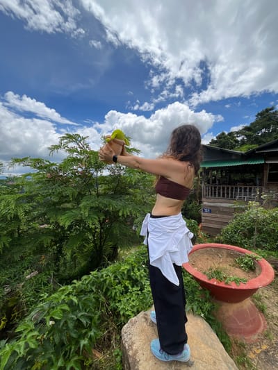 A person with curly, dark brown hair stands on a large rock, facing away from the camera. They are wearing a maroon strapless top, black pants, a white shirt tied around their waist, and light blue sneakers. Their arms are outstretched, holding up a stuffed green toy character. Behind the person, a lush green landscape with trees and foliage stretches out, leading to a rustic wooden building with a green roof. A large red planter is visible in the foreground. The sky above is a vibrant blue with scattered white clouds. The scene appears to be outdoors, possibly in Sơn Điền, Vietnam, given the vegetation and building style.