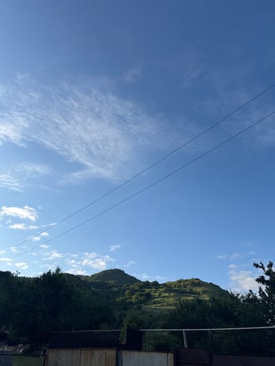 The image depicts a rural landscape with a prominent, verdant hill in the background under a clear blue sky with sparse, wispy clouds. Two power lines stretch diagonally across the upper portion of the frame. In the foreground, dense green foliage and trees obscure much of the immediate surroundings, but hints of man-made structures, possibly metal fencing or corrugated sheets, are visible. The scene suggests a location likely outside a more densely populated area, consistent with the outskirts of Каменномостский, Russia, a region known for its natural beauty and mountainous terrain. No people or specific activities are evident.