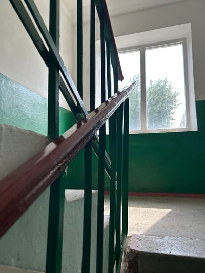 The image shows the interior of a stairwell in a building. The stairs are concrete with green and white paint on the edges of the steps. The railing is constructed of dark green metal and a reddish-brown wooden handrail. A window is visible in the background, showing a tree outside. The walls are painted green and white. The location of the image is Dmitrievskaya, Russia. There are no people visible. The scene appears to be a typical stairwell in an older building.