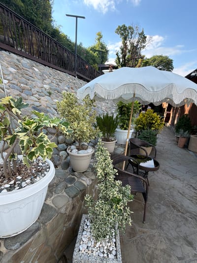 The image depicts an outdoor seating area on a stone-paved pathway, likely in a restaurant or cafe. A large white umbrella with a fringed edge provides shade over two brown wicker chairs and a small round table. Several potted plants, including a variegated ivy and a small bushy plant, are arranged around the seating area and on a stone retaining wall. The background features a wooden fence, lush greenery, and a blue sky with scattered clouds. In the distance, two individuals can be seen walking down the pathway. The scene suggests a relaxed and inviting atmosphere, possibly in the city of Nizhnyaya Shilovka, Russia, given the natural elements and outdoor setting commonly found in such locations.