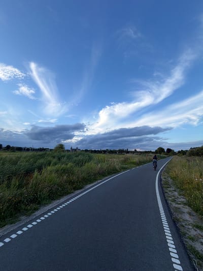 A cyclist rides on a paved path alongside a grassy field under a blue sky with wispy white clouds. In the distance, buildings and trees are visible. The path is marked with dashed white lines on both edges. The cyclist is facing away from the camera and appears to be a single person. The overall scene suggests an outdoor recreational area. The specific location in 's-Hertogenbosch, Netherlands, cannot be determined from the image alone.