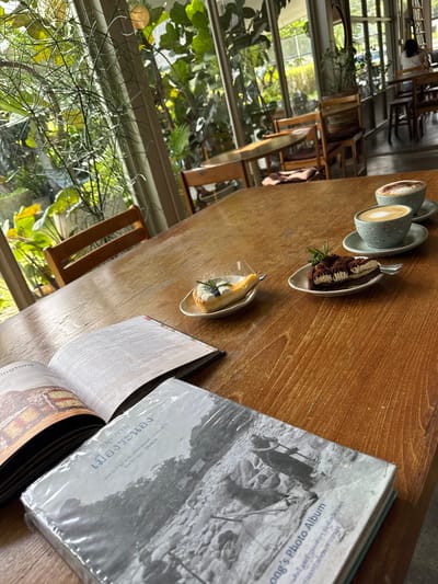 The image shows a wooden table in a cafe with two cups of coffee and two slices of cake. There are also two books on the table. One is open and shows text and images, and the other is a photo album in plastic wrap. In the background, there is a window looking out onto lush greenery, and other tables and chairs in the cafe. The cafe appears to be modern with natural light. The presence of Thai text on one of the books suggests the location is in Thailand. Given the user prompt, the location is specified as the city of Ranong, Thailand.