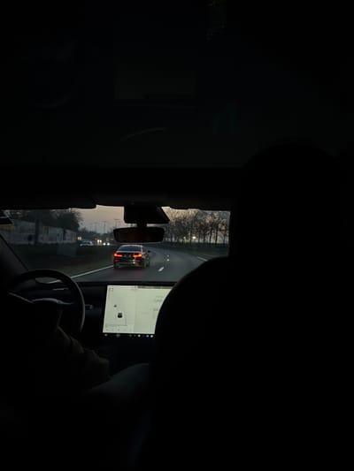 The image depicts the interior of a vehicle, identified as a Tesla by its central touchscreen, driving on a multi-lane highway in Rosny-sous-Bois, France. The scene occurs during twilight or early night conditions. The perspective is from the passenger compartment, looking forward through the windshield.
On the left side of the frame, a driver's left arm is visible resting near the steering wheel. A large, illuminated central digital display shows a speed of '83' (presumably kilometers per hour), a graphic indicating lane presence, and text including "TESLA" and "CINEMA." To the right, the dark silhouette of a passenger's head and right shoulder is prominent in the foreground.
Beyond the vehicle's interior, a dark sedan with illuminated red taillights is visible directly ahead on the multi-lane highway. Additional vehicle lights, appearing as bright points, are present further down the road. The highway's left side is bordered by a concrete barrier, while a dense line of bare trees flanks the right side. The sky in the background shows the fading light of dusk.