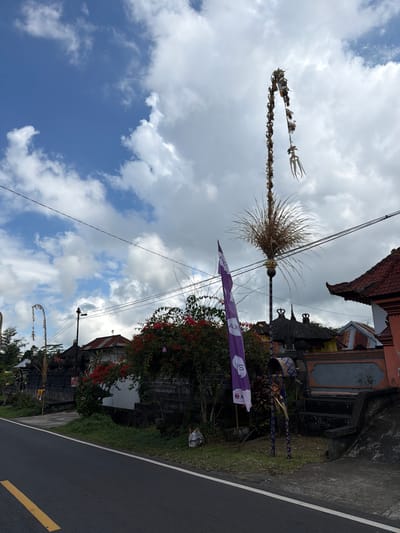A wide shot captures a street scene in the city of Susut, Indonesia. A paved road with a yellow stripe runs across the lower portion of the frame. On the right, a concrete structure with stone steps leads to a building with a red tiled roof. A tall, decorative bamboo pole with dried vegetation and hanging ornaments stands prominently on the right side of the road. A purple flag with a white logo is planted in the ground to the left of the bamboo pole. In the background, traditional Balinese houses with thatched roofs are visible, interspersed with lush green trees and flowering bushes. The sky above is a mix of blue sky and white clouds, suggesting a partly cloudy day. The overall impression is one of a rural or semi-rural Indonesian setting.
