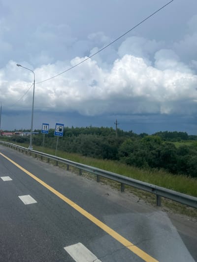 The image depicts a roadside scene with a dark, cloudy sky overhead. In the foreground, there is an asphalt road with a yellow dividing line and white road markings. A metal guardrail runs along the side of the road, separating it from a grassy area and a dense line of trees and foliage in the background. Two blue road signs are visible, indicating a cafe or restaurant and a gas station, both located 150 meters ahead. A lamppost stands to the left of the signs. In the distance, there are some buildings and a utility pole. The overall impression is a view from a vehicle traveling along a rural highway.