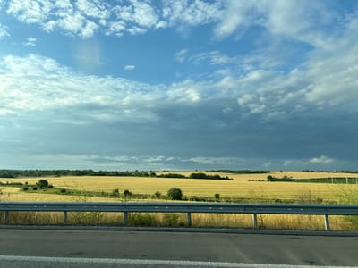 The image depicts a wide agricultural landscape under a partly cloudy sky. In the foreground, a metal guardrail runs horizontally across the frame, separating a paved road from the fields beyond. The road surface is visible at the bottom of the image, with white lines marking its edge. Behind the guardrail, a vast field of golden crops, likely wheat or barley, stretches towards a line of trees and rolling hills in the distance. The sky is a mix of bright blue and darker, textured clouds, suggesting a dynamic weather system. There are no people or visible structures in the immediate vicinity of the field, creating a sense of natural expanse. The scene is consistent with the agricultural surroundings of Chirpan, Bulgaria, characterized by extensive farmlands and open skies.