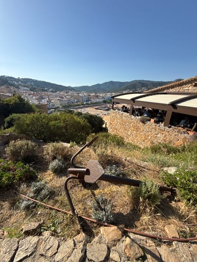 This is a medium shot, eye-level, outdoor photograph taken on a sunny day. The foreground features a rusty anchor lying on dry grass and scattered rocks, partially obscured by low-lying, silvery-green shrubs and some purple flowers. Behind the anchor, a stone wall supports a restaurant with a retractable awning, where numerous people are seated at tables. The middle ground reveals a bustling beach with many sunbathers and beachgoers, extending towards the town. The background showcases the town of Tossa de Mar, Spain, with its white buildings cascading down a hillside, leading to the blue Mediterranean Sea and distant green mountains under a clear blue sky. The perspective is from a hillside overlooking the town and coastline.