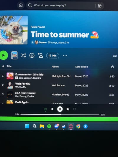 The image displays a screenshot of the Spotify application on a computer screen, showcasing a playlist titled "Time to summer". The playlist features a dog holding flowers in its mouth as the cover art and lists several songs, including "Eurosummer - Girls Trip" by Zara Larsson and Shakira, "Wait For You" by WizTheMc, and "MIA (feat. Drake)" by Bad Bunny and Drake. The current playback time is indicated as 1:44, with the total duration of the currently playing song appearing to be 3:24. The bottom of the screen shows a Windows taskbar with various application icons, including the Spotify icon, Google Chrome, and Discord. The scene is a digital interface and does not depict any physical location, including Verden (Aller), Germany.