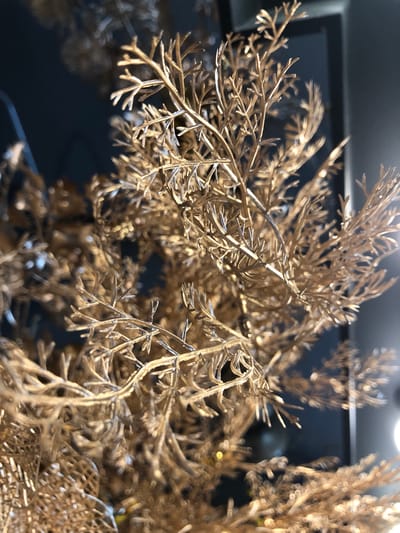 This media file is a close-up, eye-level photograph of a gilded, decorative plant branch. The subject is the intricate structure of the branch, its delicate, feathery leaves, and its metallic, golden hue. The branch appears to be part of a larger arrangement, with other similar branches visible in the background, some of which are out of focus and create a bokeh effect. The lighting suggests an indoor setting, likely artificial, as evidenced by the bright, circular highlights in the background. The background itself is dark and indistinct, with some blurred shapes and a hint of a reflective surface, possibly a mirror or a dark wall. There is no discernible activity or event taking place; the image is a still life focusing on the texture and metallic sheen of the artificial foliage. The overall mood is one of subtle elegance and perhaps a touch of festive or seasonal decoration, given the metallic finish. No people are visible, and there is no visible text. The location context of Vaughan, Canada, does not provide any specific visual cues within the image itself.