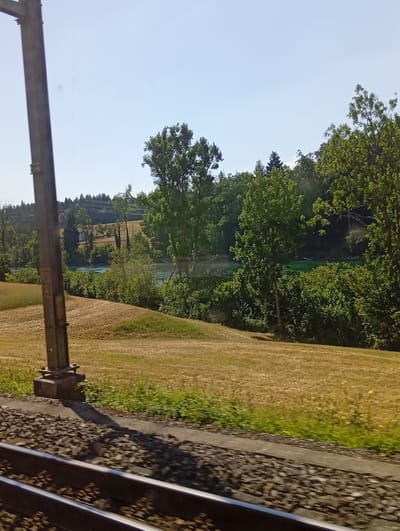 This media file depicts a scenic view from a train traveling through Riken, Switzerland. The scene is a landscape dominated by lush greenery and a tranquil body of water. In the foreground, a section of train tracks is visible, suggesting the mode of transportation. Beside the tracks, a sturdy, metal utility pole stands tall, hinting at the infrastructure that supports the railway.
The middle ground of the image reveals a wide expanse of dry, golden grass, possibly a harvested field or meadow, stretching towards a dense line of trees. Beyond the grassy field, a vibrant, turquoise river or lake winds its way through the landscape, reflecting the clear blue sky. The water is bordered by a thick, verdant forest that continues to the horizon. Several mature trees with full, green canopies are scattered throughout the scene, adding depth and texture to the natural environment.
The sky is a clear, bright blue, indicating a sunny day with fair weather. The sunlight casts subtle shadows, suggesting it is likely midday or early afternoon. The overall impression is one of peaceful rural serenity and natural beauty. There is no visible text in the image. The view captures the essence of a summer day in the Swiss countryside.