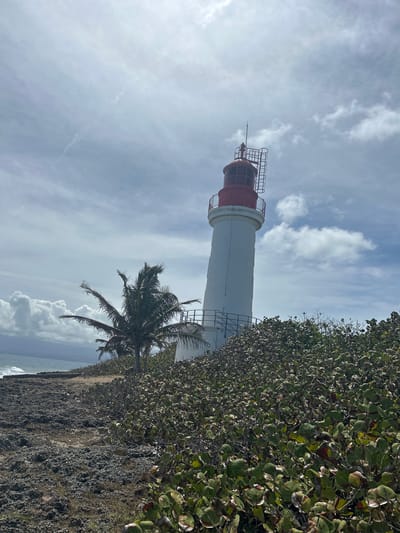 A coastal scene in Le Gosier, France featuring a lighthouse. The lighthouse is cylindrical, painted white with a red top, and stands near the coastline, with vegetation and a palm tree at its base. The sky is overcast with light clouds, and the ocean is visible in the distance. The foreground includes rocky terrain covered with coastal foliage. The image is taken from a low angle looking up at the lighthouse and the sky.