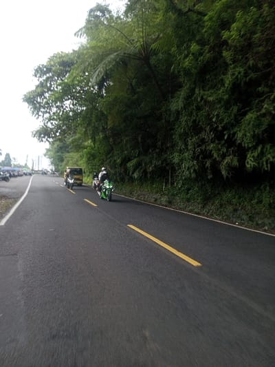 A paved road stretches into the distance, a blurred yellow line marking its center. Two motorcycles are traveling along the road, following a small truck. Lush, dense vegetation lines the right side of the road, creating a wall of green. A collection of parked vehicles is visible on the left, indicating a potential gathering or parking area. The sky is overcast, suggesting a muted or cloudy day.